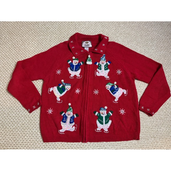 Tiara International Sweaters - Tiara International Red Christmas Cardigan Snowman Sequin Zip Sweater holiday S